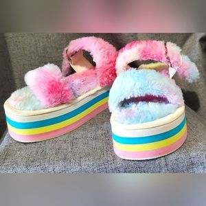 Wild diva rainbow fuzzy platform slippers